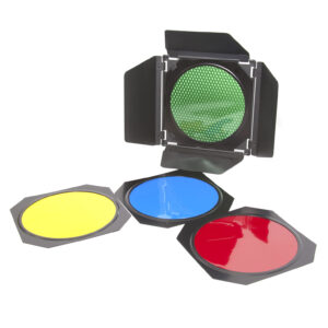 Alternative view of Bessel Barn Doors with coloured gels and honeycomb grid